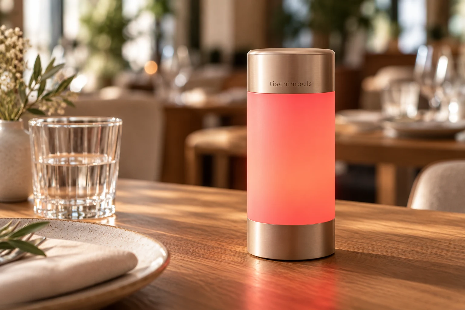 KI-Produktmockup: Schlanker Tischimpuls-Zylinder mit roter Lichtfläche und champagnerfarbenen Metallkappen auf einem Restauranttisch